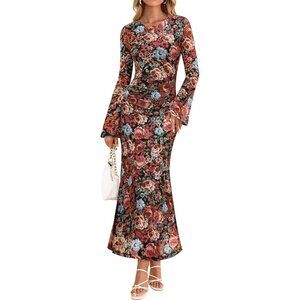 Zesica Women's Floral Black Ruched Mesh Long Sleeve Floral Bodycon Dress